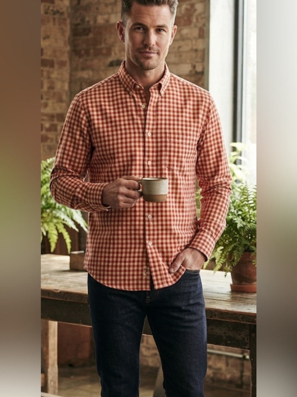 J.Crew Red Beige Plaid Button Down Shirt Men’s Medium 2-Ply Cotton